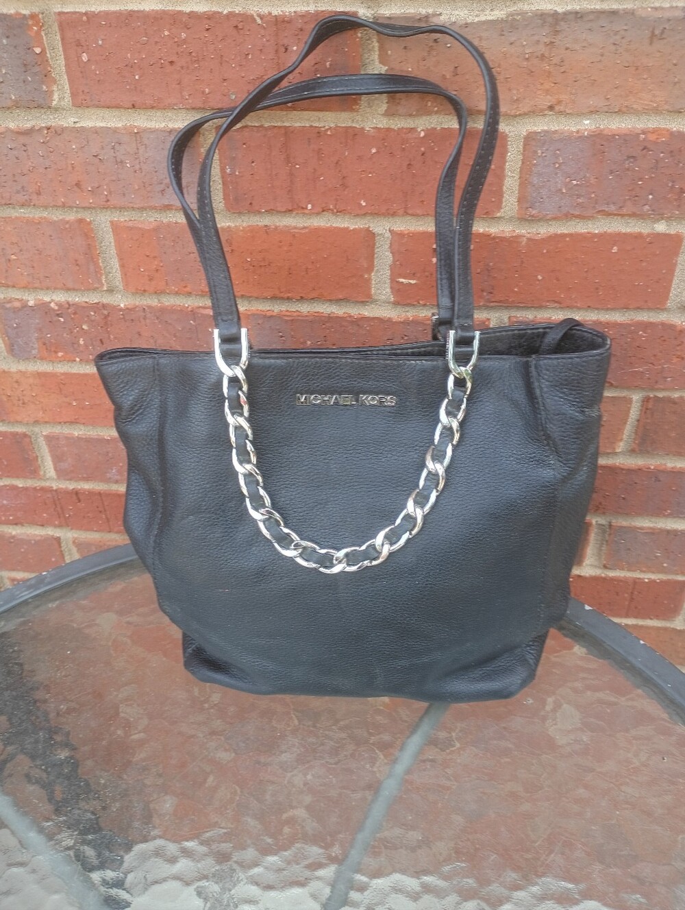 Michael Kors Harper Pebbled Black Leather Chain Tote Bag